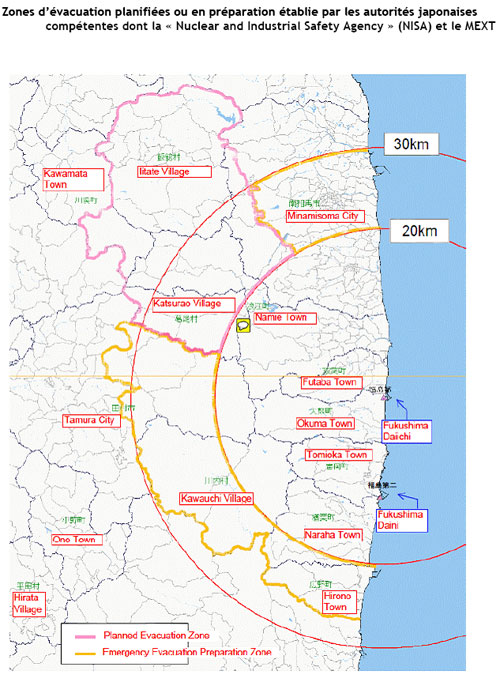 Zones d’évacuation planifiées ou en préparation établie par les autorités japonaises compétentes dont la « Nuclear and Industria