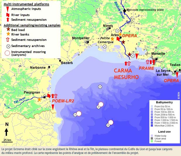 Le projet Extrema tait cibl sur la zone englobant le Rhne aval et la Tt, le plateau continental du Golfe du Lion et jusquaux canyons du milieu marin profond. La carte reprsente les points danalyse et de prlvement de lensemble du projet.