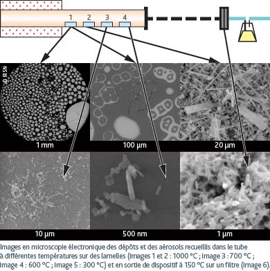 Images en microscopie lectronique des dpts et des arosols recueillis dans le tube  diffrentes tempratures sur des lamelles (images 1 et 2 : 1000 C ; image 3 : 700 C ; image 4 : 600 C ; image 5 : 300 C) et en sortie de dispositif  150 C sur un filtre (image 6).