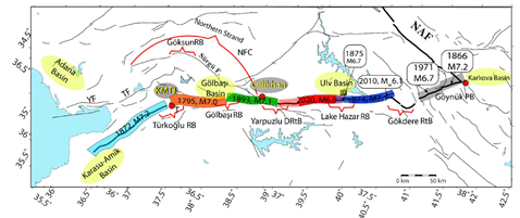 Carte de la segmentation de la faille est-anatolienne