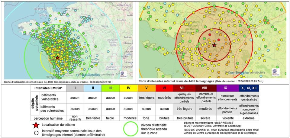 Séisme de l'ouest de la France du 16 juin 2023 - Carte d’intensités macrosismiques issue de 4488 témoignages
