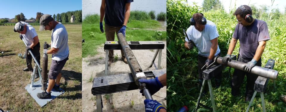 Extraction d'une archive sédimentaire, de gauche à droite : mise en place du carottier, visualisation de l'archive sédimentaire, extraction (photos prises respectivement en Garonne, Rhône et Meuse) 