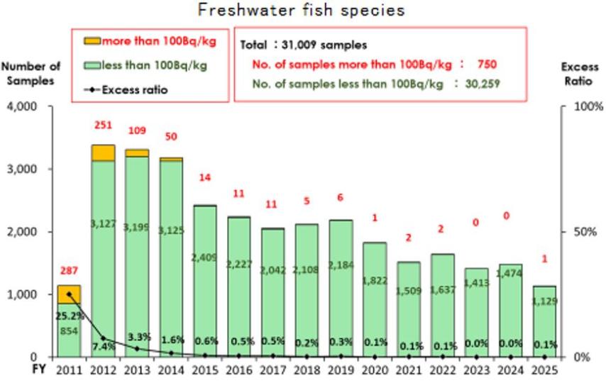 Figure 3 : Évolution du nombre de mesures effectuées sur des poissons d’eaux douces de la préfecture de Fukushima entre 2011 et 2025 (ordonnée de gauche) ainsi que de la proportion de mesures au-dessus de la valeur de 100 Bq/kg (ordonnée de droite) (Source : https://www.jfa.maff.go.jp/e/inspection/).