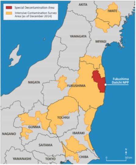 Figure 5 : Localisation de la « Special Decontamination Area - SDA» (en rouge) et la « Intensive Contamination Survey Area – ICSA » (en orange) (source  http://www-pub.iaea.org/books/IAEABooks/Supplementary_Materials/files/10962/100000/The-Fukushima-Daiichi-Accident).