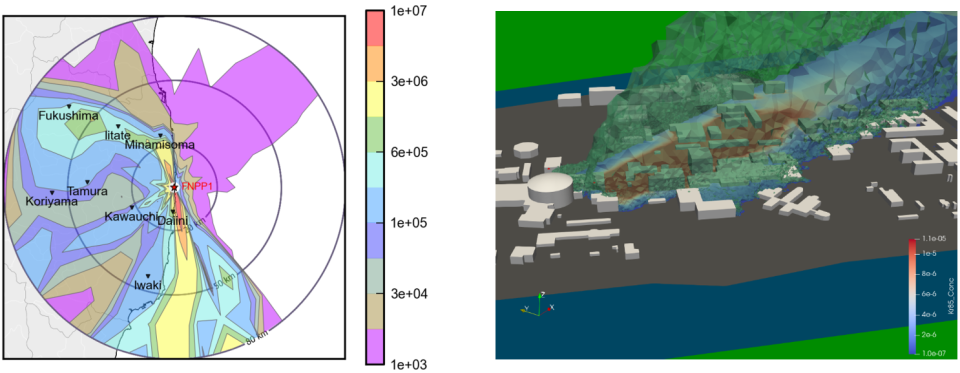 Modélisation des dépôts de 137Cs suite à l’accident de Fukushima (Bq/m2) avec le modèle pX (à gauche) ; simulation d’un panache fictif sur le site de l’ILL à Grenoble avec le modèle SLAM (à droite)